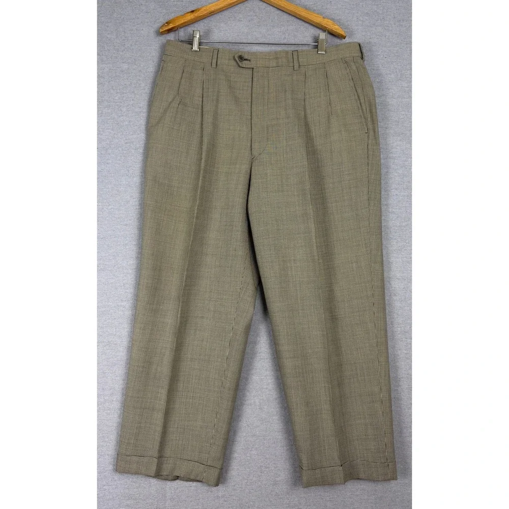 Valentino Uomo Mens 2 Piece Suit 42R 36x25.5 Tan‎ Houndstooth Blazer Pleated 80s